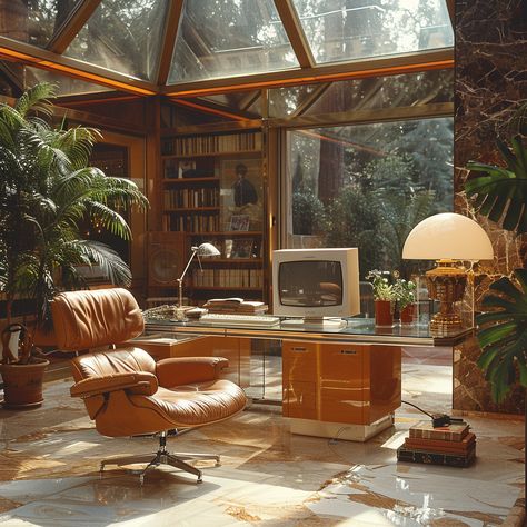 #nostalgia #nostalgiacore #midjourney #70s #70saesthetic #80s #80saesthetic #retro Retro 80s Interior Design, 70s/80s House Interior, Retro Futurism Decor, 70s Office Aesthetic, 90s Office Aesthetic, 70s Library, Retro House Aesthetic, 70s Futurism Interior Design, 80s Decor Interior Design