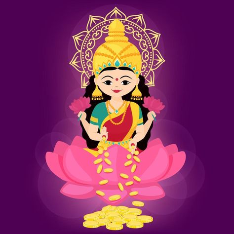 Goddess Lakshmi sitting on the lotus with of money and flowers in her hands. Vector cartoon illustration. Lakshmi Illustration, Rangoli Free Hand, Diwali Board, Diwali Theme, Lotus Illustration, God Pic, Hands Vector, God Painting, Denim Earrings