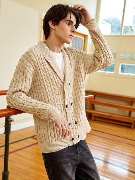 Double Breasted Cardigan, Shein Men, Dapper Dan, Cable Knit Cardigan, Amazing Products, Drop Shoulder, Knit Cardigan, Cable Knit, Double Breasted