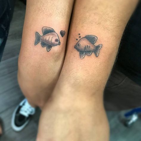 Fish Love Fishing Tattoos For Couples, Fishing Hook Tattoo Couples, Matching Fishing Tattoos Couples, Fishing Couple Tattoos, Buddy Tattoos, Couples Tats, Boyfriend Matching, Gf Ideas, Hook Tattoo