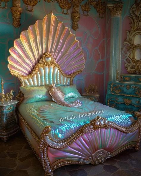 Ocean Room Theme, Mermaid Sofa, Mermaid Room Aesthetic, Fancy Beds, Mermaid Themed Room, Mermaid Furniture, Ocean Palace, Mermaid Bed, Annotation Book