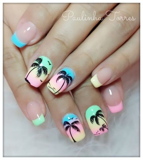 Tropical Nail Designs Bright Colors, Bahama Nails Beach, Beach Nail Art Designs Summer, Maldives Nails Design, Island Nails Tropical Simple, Beach Design Nails, Palm Tree Nails Design, Island Nails Designs, Maldives Nails