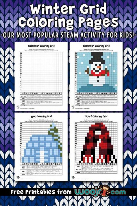 Winter Grid Coloring Pages | Woo! Jr. Kids Activities Grid Coloring Pages, Grid Coloring, Winter Classroom Activities, Mirror Drawings, Fun Winter Activities, Free Printable Activities, Art Worksheets, Cub Scout, Activity Pages