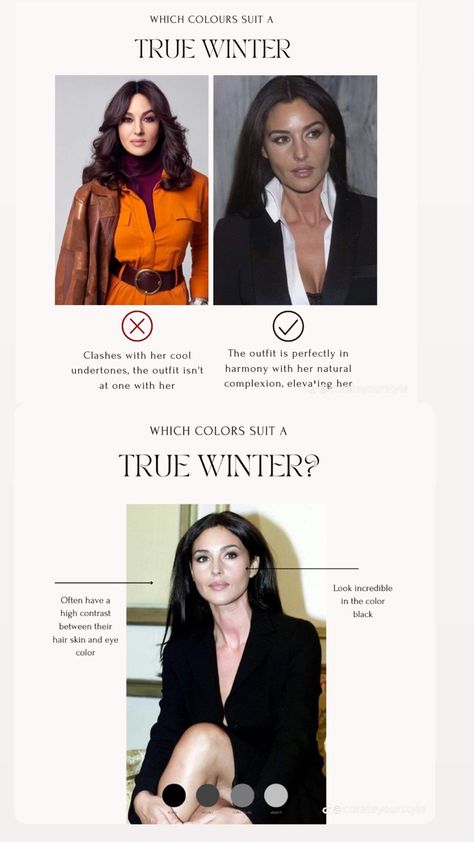 Winter Undertone Outfits, True Winter Outfits Style, High Contrast Hair Color, Cool Undertones Hair Color, Deep Winter Color Palette, Monica Belluci Style, True Winter Palette, True Winter Color Palette, Winter Skin Tone