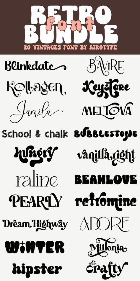 Vintage Fonts Alphabet Retro, Poster Font Ideas, Cute Bubble Font, Retro Canva Fonts, Retro Cursive Font, Fonts For Posters, Retro Font Alphabet, Type Of Fonts, Bubbly Fonts