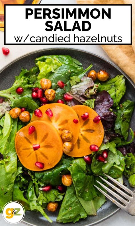 This quick and easy persimmon salad is a perfect starter course for fall and winter meals and the holidays. Make it as a Thanksgiving salad or Christmas salad before the big meal. Persimmon Salad Recipe, Pomegrante Salad, Persimmon Salad, Roasted Vegetable Medley, Italian Pasta Sauce, Christmas Salad, Winter Salad Recipes, Thanksgiving Salad, Winter Meals