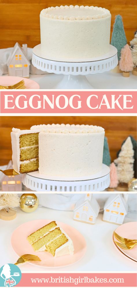 Eggnog Cake made with buttery vanilla cake layers (optionally spiked with rum or brandy or bourbon) and eggnog ermine frosting Eggnog Cake Recipe, Make Eggnog, Eggnog Frosting, Frosting Decorating, How To Make Eggnog, Ermine Frosting, Eggnog Cake, British Girl, Recipe Tutorial