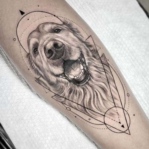 Geometric Dog Tattoo, Golden Retriever Tattoo, Retriever Tattoo, Dog Portrait Tattoo, V Tattoo, Green Tattoos, Simple Tattoos For Women, Tribute Tattoos, Geometric Dog