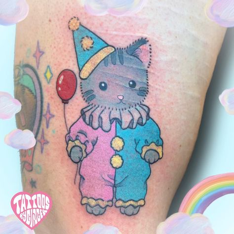 Clown Cat Tattoo, Calico Critters Tattoo, Calico Tattoo, Calico Critter Tattoo, Calico Critters Cat, Critter Tattoo, Drawn Tattoos, Cat Clown, Adorable Tattoos