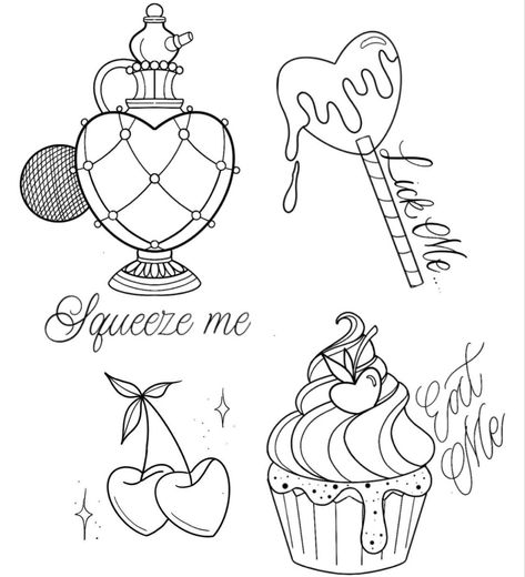 Quirky Flash Tattoo, Cute Cartoon Tattoos For Women, Small Girlie Tattoos Ideas, Flash Tattoo Designs For Women, Girly Flash Tattoo Ideas, Flash Art Tattoos For Women, Girlie Tattoos, Tattoo Stencil Paper, Cupcake Tattoos