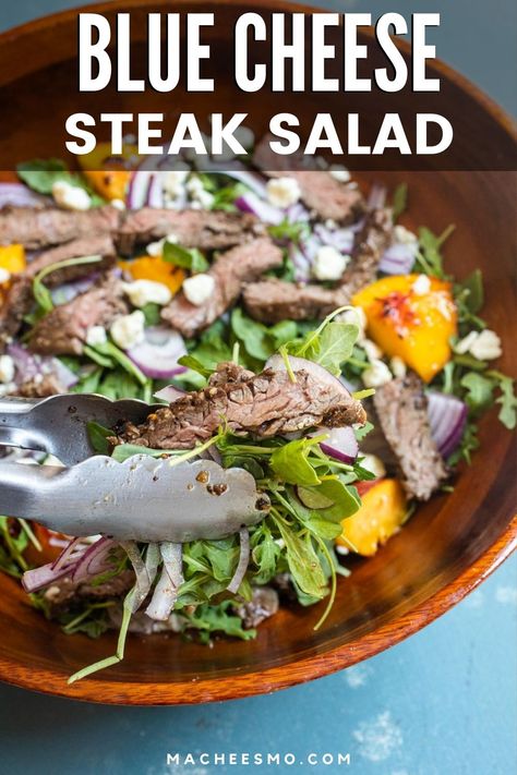 This grilled steak salad with ripe peaches is the perfect light meal to end summer. Served with arugula, it has a nice mix of flavors and is filling enough to work as a meal! Yay for grilled peaches! macheesmo.com #grill #peaches #steak #salad Blue Cheese Steak, Blue Steak, Flank Steak Salad, Steak With Blue Cheese, Grilled Steak Salad, Dijon Vinaigrette, Peach Salad, Steak Fajitas, Steak Salad