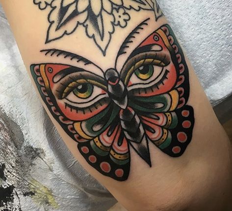 Moth Evil Eye Tattoo, Traditional Moth Tattoo Color, Butterfly Moth Tattoo Traditional, Colorful Moths Tattoo, Moth Tattoo Colorful, Moth Artwork, Types Of Moths, Traditional Butterfly, Evil Eye Tattoo