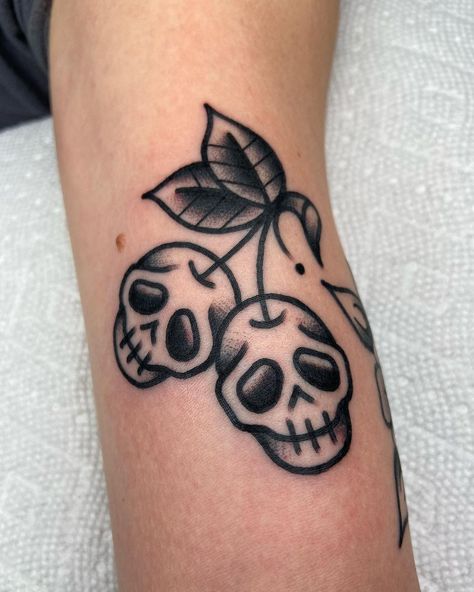 Skull Cherries Tattoo, Traditional Tattoo Gap Fillers, Skull Cherries, Small Traditional Tattoo, Traditional Skull, Cuff Tattoo, Traditional Tattoo Inspiration, Cherry Tattoos, Books Open