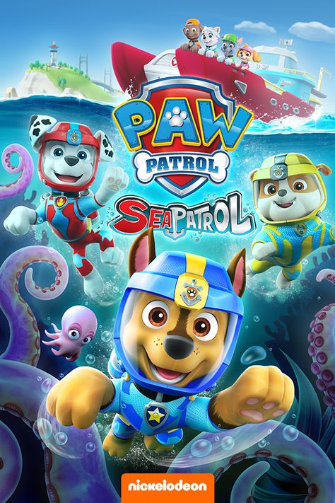 With this new DVD, swim into 5 all new PAW Patrol adventures featuring the double-length mission on the Sea Patrol. When a baby Octopus gets separated from its mother and sinks the Flounder, Sea Patrol needs to save the day. Plus, don't miss it when the pups save a windsurfing pig, the diving bell, floating friends and more! Nella The Princess Knight, Imprimibles Paw Patrol, Paw Birthday, Ryder Paw Patrol, Dino Eggs, Baby Kostüm, Paw Patrol Toys, Baby Octopus, Paw Patrol Coloring