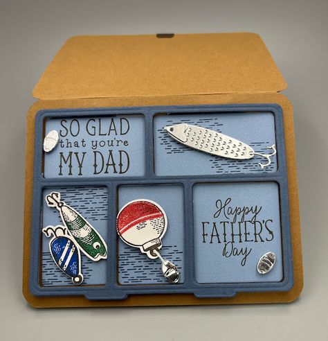 Robbie Susan's Cards and Crafts: Gone Fishing Father's Day Card for the Crafty Collaborations Blog Hop Fishing Birthday Cards, Guy Cards, Fishing Cards, Masculine Birthday Cards, Fishing Birthday, Tackle Box, Fancy Fold Cards, Gone Fishing, Box Card