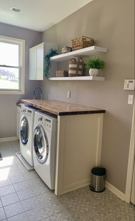 Lowes Laundry Room Tile, Laundry Room Front Loaders Countertops, Laundry Room Elevated Washer And Dryer, Small Laundry Room Butcher Block Counter, Laundry Room Butcher Block, Butcher Block On Top Of Washer And Dryer, Butcher Block Countertops In Laundry, Butcher Block In Laundry, Laundry Room Basement