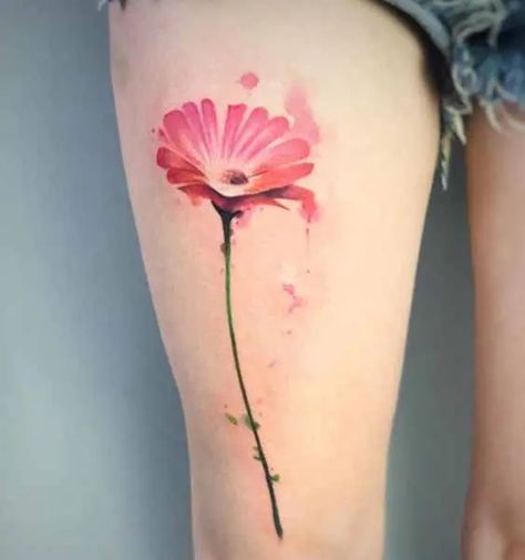 15 Trending Gerbera Flower Tattoo Designs With Meanings Gerbera Flower Tattoo, Watercolor Daisy Tattoo, Gerbera Daisy Tattoo, Tattoo On Thigh, Daisy Tattoo Designs, Flower Bouquet Tattoo, Watercolor Tattoo Flower, Gerbera Flower, Bouquet Tattoo