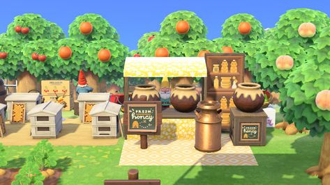 Acnh Produce Stall, Acnh Vegetable Stall, Acnh Honey Stall Ideas, Animal Crossing Vegetable Stall, Fruit Stall Acnh, Acnh Honey, Honey Animal Crossing, Animal Crossing Honey Farm, Acnh Lemonade Stall