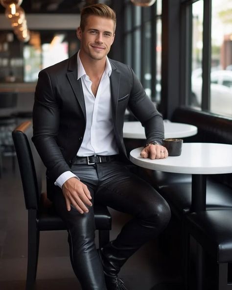 Blonde Male Models, Leather Jacket Outfit Men, Leather Fashion Men, Stylish Mens Suits, Tight Leather Pants, Mens Leather Clothing, Pants Male, Mens Leather Pants, Leather Clothing