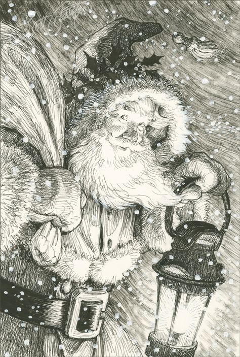 "Santa with Lantern," pen and ink with gesso highlights, approx. 5.75" x 8.25." A personal Christmas card image from a few years back, now a studio print in our website shop. Happy Holidays! Scott Gustafson, Christmas In Heaven Lantern, Santa Claus Drawing, Flowers Mandala, Christmas Card Images, Santa Paintings, Santa Art, Christmas In Heaven, Santa Pictures