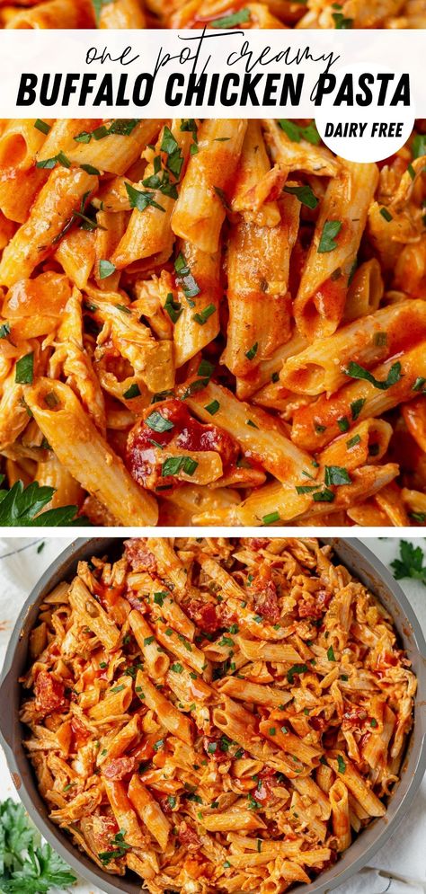 This extra creamy buffalo chicken pasta cooks in one pot and is full of tender chicken, spicy buffalo sauce, mayo (no cream cheese!) and diced tomatoes. This simple dinner can be on your table in under 30 minutes! Dairy Free Buffalo Chicken Pasta, Pasta No Cheese Recipes, Chicken Pasta Recipes No Cream, Chicken Pasta No Dairy, Primal Kitchen Buffalo Sauce Recipes, Chicken Pasta Dairy Free, Pasta Dairy Free, Buffalo Seasoning, Buffalo Pasta