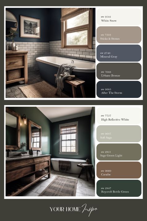 I just loved these beautiful bathroom color ideas for our farmhouse bathroom! Thank you! Colour Schemes Bathroom, Paint Color Schemes For Bathroom, Paint Colours For Basements, Mocha Bathroom Ideas, Moody Bathroom Color Schemes, Dark Blue Grey Bathroom, Sage And Navy Bathroom, Cinnamon Slate Bathroom, Dark Bathroom Color Schemes