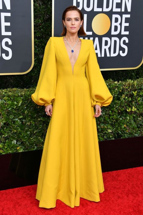 Golden Globes 2020, Golden Globes Dresses, Renée Zellweger, Fendi Dress, Dramatic Sleeves, Yellow Jumpsuit, Golden Globes Red Carpet, Zoey Deutch, Best Red Carpet Looks