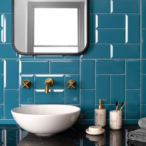 Glossy Bathroom Tiles, Straight Herringbone, Glossy Bathroom, Teal Tiles, Metro Design, Teal Bathroom Ideas, Grey Paving, Teal Tile, Teal Bathroom