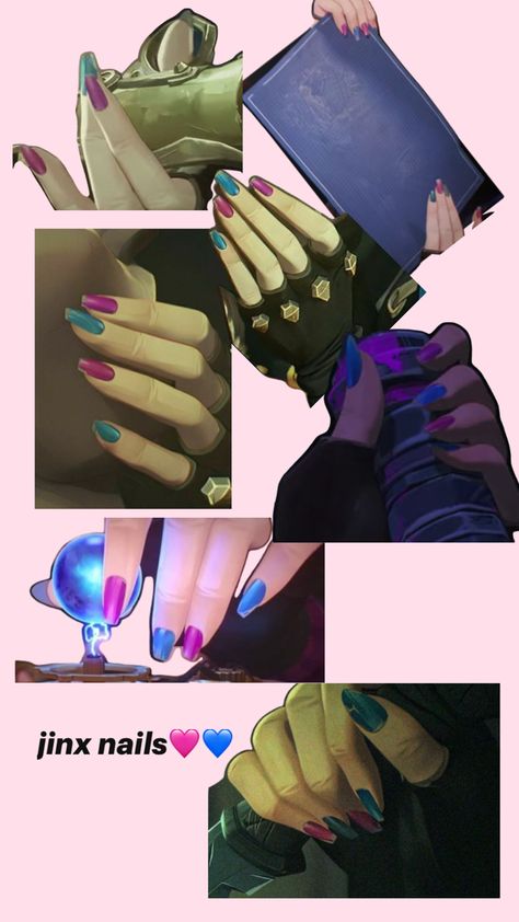 nails, arcane, jinx nails, jinx, powder Arcane Makeup Style, Jinx Inspired Hair, Arcane Jinx Inspired Nails, Jinx Nails Season 2, Arcane Nail Art, Jinx Inspired Nails, Jinx's Nails Arcane, Arcane Nails Design, Jinx Nails Arcane