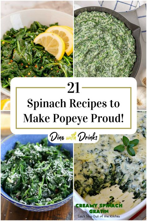 Collage of 4 spinach recipes. Spinach Sides For Dinner, Easy Spinach Recipes Healthy, Ways To Use Up Spinach, Spinach Dishes Healthy, Steamed Spinach Recipes, Side Dish With Spinach, Ways To Use Spinach, How To Cook Spinach, Use Up Spinach