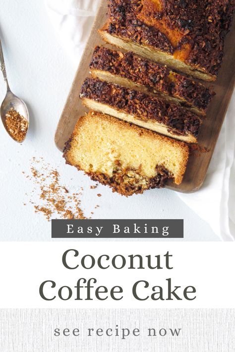 This Coconut Coffee Cake is the perfect combination of a classic coffee cake and a delectable coconut cake. Moist and flavorful layers of coconut-infused cake are topped off with a crunchy crumble topping. The perfect treat for any occasion, this coconut coffee cake will satisfy any sweet tooth. Coconut Flour Coffee Cake, Coconut Coffee Cake, Coffee Crunch, Classic Coffee Cake, Coffee Cake Recipe, Crumble Cake, Coconut Coffee, Cake Mixture, Coffee Cake Recipes