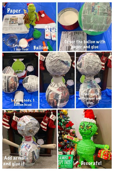 Grinch Piñata, Grinch Pinata, The Grinch Pinata, Piñata Grinch, How To Make A Pinata Diy Paper Mache, Christmas Pinata, Paper Mache Pinata, Pinata Ornament, Gathering Ideas