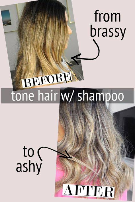 BRASSY TO ASHY HAIR | tone your hair at home with shampoo -- super easy!  -- parmida kiani, bleached hair, how to fix brassy hair, at home toner, diy, hair tip, hair touch up, youtube tutorial, hair tips, yellow to ashy, how to maintain ashy hair, how to get rid of brassy hair Fix Brassy Hair At Home, Tone Your Hair At Home, Tone Hair At Home, Toning Bleached Hair, Toning Blonde Hair, Toner Diy, Brassy Blonde Hair, Diy Highlights Hair, Pinwheel Hair Color