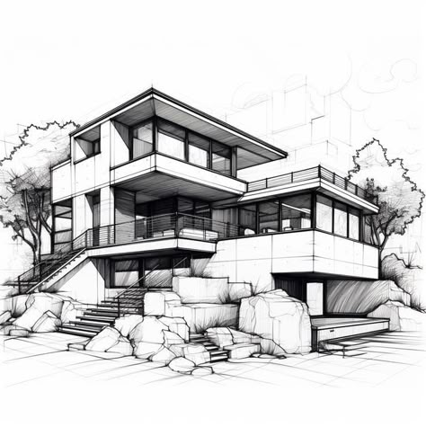 Dream House Drawing Sketch, Villa Drawing, Passion Sketch, Interior Architecture Sketch, Perspective Drawing Architecture, Concept Models Architecture, Architecture Drawing Plan, Interior Design Renderings, Architecture Portfolio Design