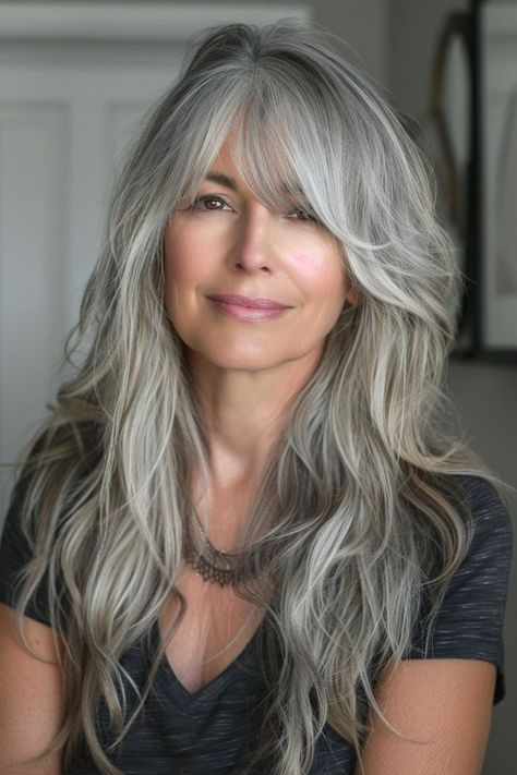 Long Grey Hair With Fringe, Long Grey Hair With Bangs, Grey Hair Fringe, Grey Hair Braids, Long Grey Hair, Haircut Layers, Grey Hair With Bangs, Long Silver Hair, Silver Haired Beauties