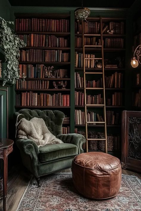 Calm Vintage Aesthetic, Reading Corner Dark Academia, Dark Acedamia Interior Design, Sage Green And Dusty Blue Interior, Vintage Book Nook, Small Moody Home Library, Dark Book Room Aesthetic, English Core Aesthetic, Dark Cottagecore Bookshelf