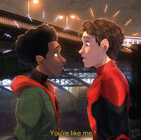 petit bekeneke 🍎 on Instagram: “Miles Morales & Peter Parker 🕷 - FFH will introduce multiverse... ...there is also an Iron Man mural done in the trailer ... .. and…” Miles Morales Grown Up, Spiderman Stuff, Spider Sona, Univers Dc, Meme Comics, Marvel Drawings, Art Pics, Spider Art, Marvel Images