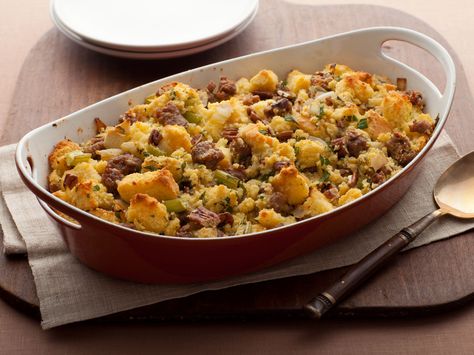 Cornbread Stuffing with Apples and Sausage recipe from Patrick and Gina Neely via Food Network Stuffing With Apples, Sausage Cornbread Stuffing, Sausage Stuffing Recipe, Cornbread Stuffing, Sage Sausage, Thanksgiving Stuffing, Gratin Dish, Turkey Legs, Stuffing Recipes