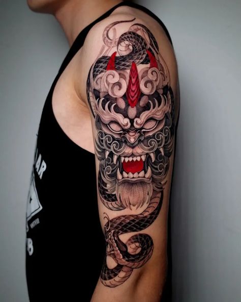 33 Captivating Half-Sleeve Tattoos for Men in 2024 Sleeve Tattoos Ideas, Foo Dog Tattoo, Zeus Tattoo, Meaning Art, Dog Tattoo Ideas, Half Sleeve Tattoos, King Tattoos, Half Sleeve Tattoos For Guys, Upper Arm Tattoos