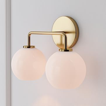 Sculptural 2-Light Globe Sconce - Milk West Elm Bathroom, Mini Milk, Metal Canopy, Modern Wall Sconces, Globe Lights, Light Sconces, Guest Bathroom, Led Light Bulb, Incandescent Bulbs