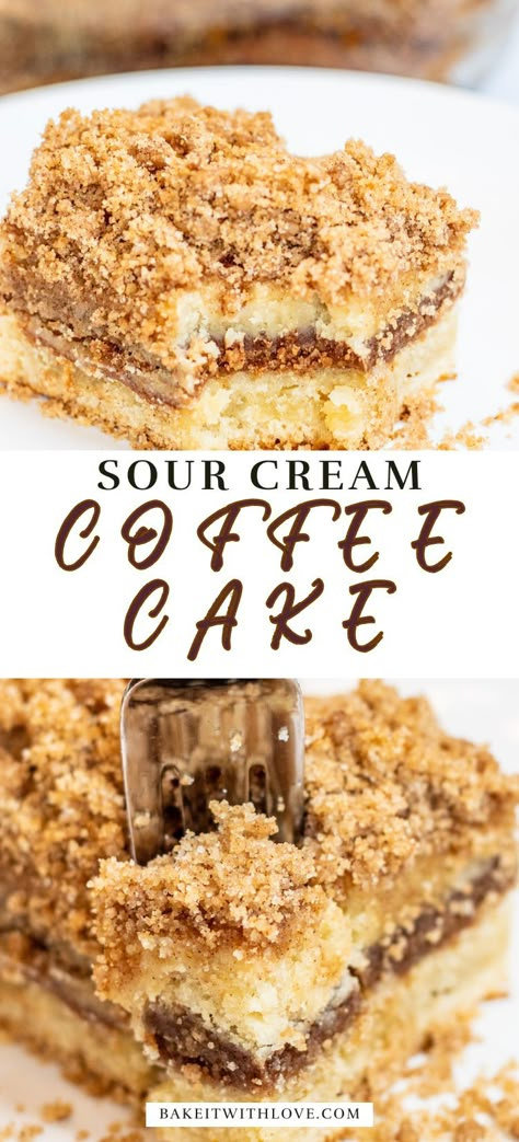 This from-scratch sour cream coffee cake recipe features tender cake with a delightful cinnamon ripple and buttery, crunchy streusel topping! This classic coffee cake is converted to a super moist version with the addition of sour cream! Perfect for a cozy breakfast or a sweet treat with your afternoon coffee. BakeItWithLove.com #dessert #baking #9x13 Coffee Cake Bundt, Coffee Cake Loaf, Breakfast Coffee Cake, Coffee Cake Recipes Easy, Crunch Recipe, Sour Cream Pound Cake, Cake Loaf, Sour Cream Coffee Cake, Coffee Cake Recipe