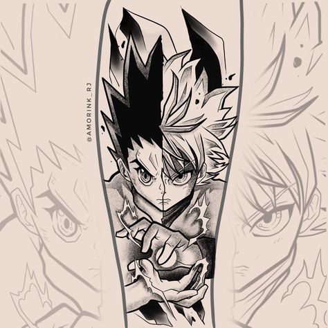 Gon X Killua Tattoo Design, Killua X Gon Tattoo Ideas, Hunter X Hunter Tattoo Ideas Killua, Anime Tattoo Hunter X Hunter, Gon And Killua Tattoo Ideas, Killua X Gon Tattoo, Killua Zoldyck Tattoo Design, Anime Leg Tattoo, Gon And Killua Tattoo