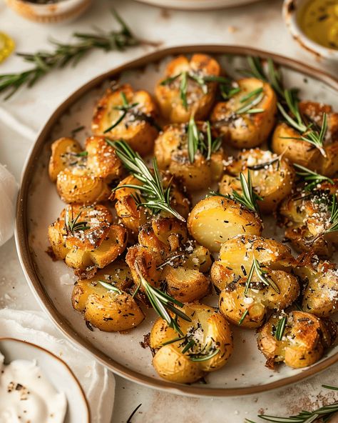 Rosemary Garlic Smashed Potatoes - Recipes, Tasks & Tools Garlic Smashed Potatoes, Smashed Potatoes Recipe, Potatoes Recipes, Dried Potatoes, Rosemary Garlic, Fingerling Potatoes, Flaky Salt, Breakfast Potatoes, Smashed Potatoes