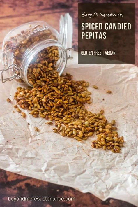 Spicy, sweet, salty, my Easy Spiced Candied Pepitas hit all the right flavor notes, and they're so quick and easy to make with just 5 ingredients (including the salt)! Garnish a salad, top a dessert, or eat them plain out of hand... Candied Pepitas, Make Ahead Appetizers, Healthy Appetizer Recipes, Delicious Gluten Free Recipes, Savoury Recipes, Plant Strong, Live Healthy, Tasty Healthy, Busy People