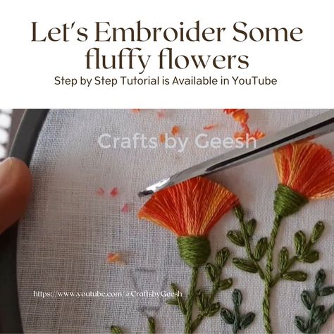 Hand embroidery Step by step tutorial in YouTube Embroidery Patterns Free Templates, Fluffy Flowers, Pom Pom Flower, Easy Hand Embroidery, Flower Stitch, Flowers Simple, Flower Step By Step, Embroidery 3d, Hand Embroidery Tutorial