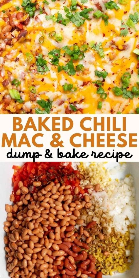 This chili mac casserole is a dump & bake recipe that is like a combination of chili and mac and cheese. This recipe is vegetarian and ready in just over 30 minutse using mostly budget-friendly pantry staples! Baked Chili Mac, Mac And Cheese Chili, Chili Mac Casserole, Mac Recipes, Vegetarian Chili Mac, Baked Chili, Chili Mac Recipe, Chili Mac And Cheese, Stuffed Pepper Casserole