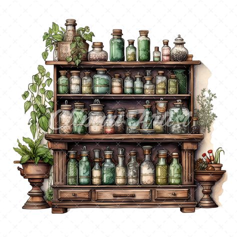 "20 High-Quality Apothecary Cabinets Clipart - Apothecary digital watercolor JPG instant download for commercial use - Digital download This set includes: * 20 individual files (JPG files, 5-6 inch, 2000px x 2000px) License: When you acquire products from ClipartArtist, you are consenting to our terms of use, which grant you the freedom to utilize them for both personal and commercial purposes. Welcome to the world of artistry and inspiration, where creativity knows no bounds. Our \"Watercolor Clipart\" collection offers you a treasure trove of digital masterpieces that are ready to breathe life into your creative projects. In this collection, These versatile digital assets can be seamlessly integrated into a wide range of creative and commercial applications. Elevate Your Graphic Design P Stardew Furniture, Apothecary Pantry, Apothecary Ideas, Apothecary Design, Golden Coast, Future Shop, Apothecary Cabinet, Digital Assets, Digital Watercolor