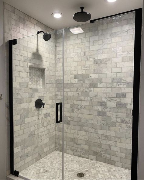 Modern Farmhouse Shower Ideas, Ideas Under Staircase, Under Staircase, Pivot Shower Door, Black Fixtures, Master Bath Renovation, Glass Shower Doors Frameless, Full Bathroom Remodel, Rustic Bathroom Designs