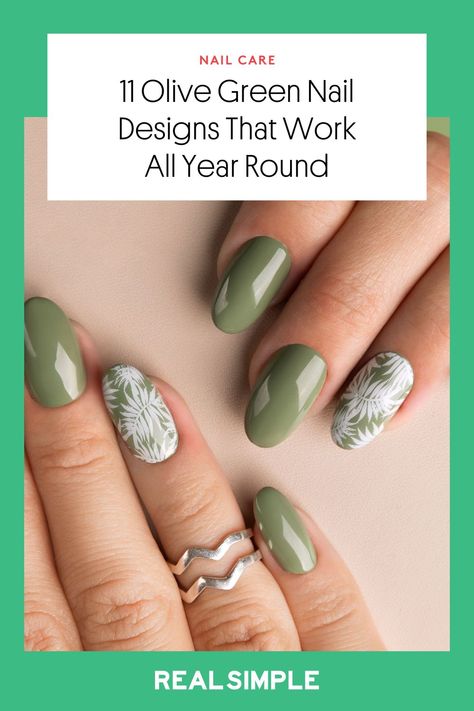 Olive green nails is a verdant shade that never goes out of style. We found the cutest olive green nail designs to inspire your next nail salon visit. #nails #naildesign #nailtrends #2024trends #olivegreen #nailideas Olive Green Nail Designs, Olive Green Nails, Green Mani, Sliver Nails, Green Nail Designs, Green Tips, Green Nail Polish, Green Color Schemes, Green Nail