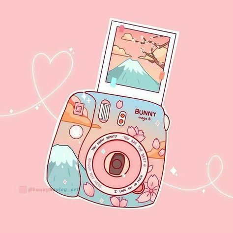 Polaroid Camera Drawing, Kawaii Polaroid, Fuji Polaroid, Flatlay Aesthetic, Doodle Tutorial, Camera Drawing, Fuji Mountain, Art Pastel, Artist Artwork